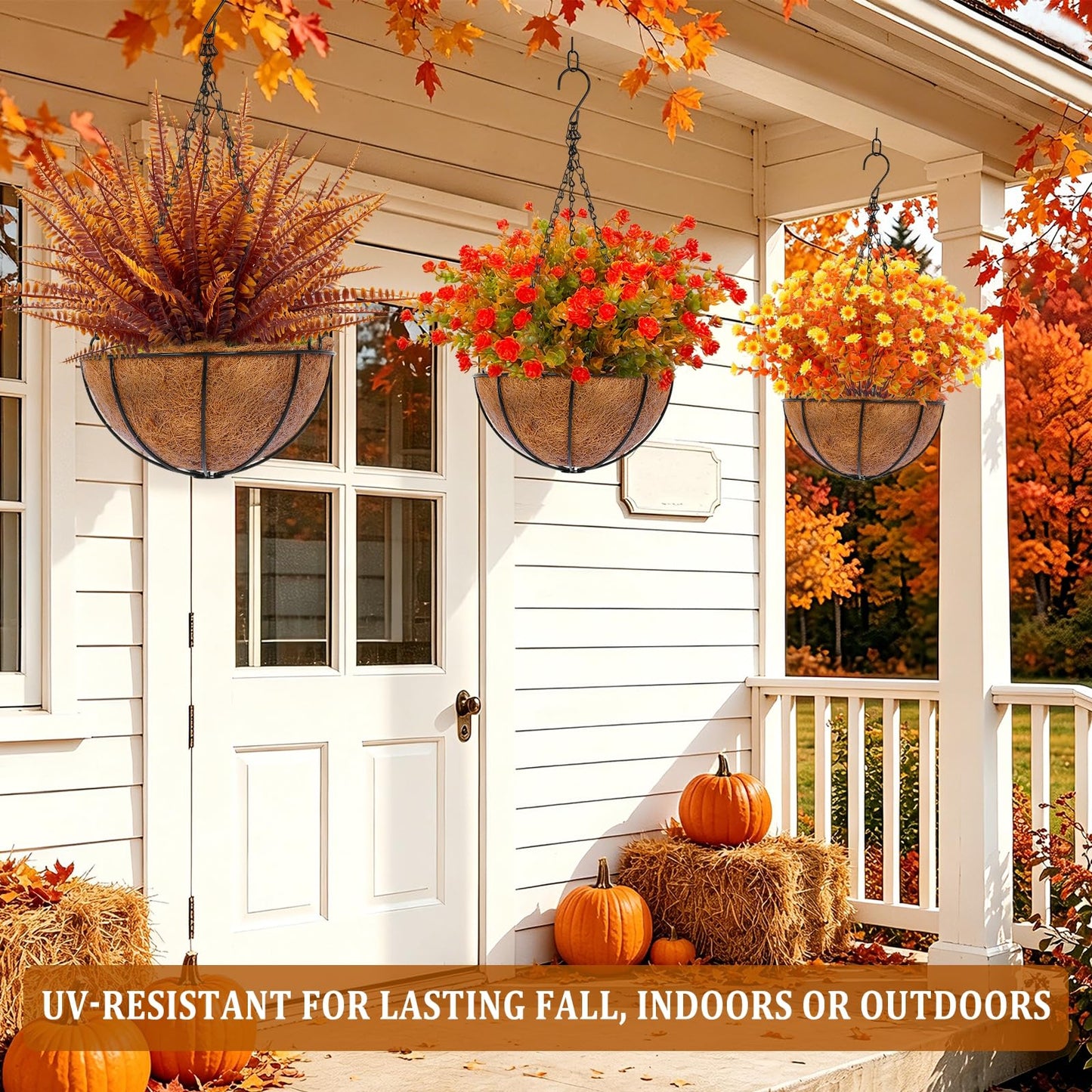 TURNMEON 12 Bundles Artificial Fall Flowers for Outdoors Fall Decorations, UV Resistant Fake Mums Faux Fall Plants Plastic Orange Boston Fern Eucalyptus Home Garden Porch Autumn Thanksgiving Decor