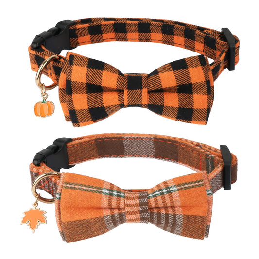 ADOGGYGO 2 Pack Fall Dog Collars with Bow, Halloween Thanksgiving Pumpkin Maple Charm, Orange Plaid Fall Collars for Small Dogs (Small)