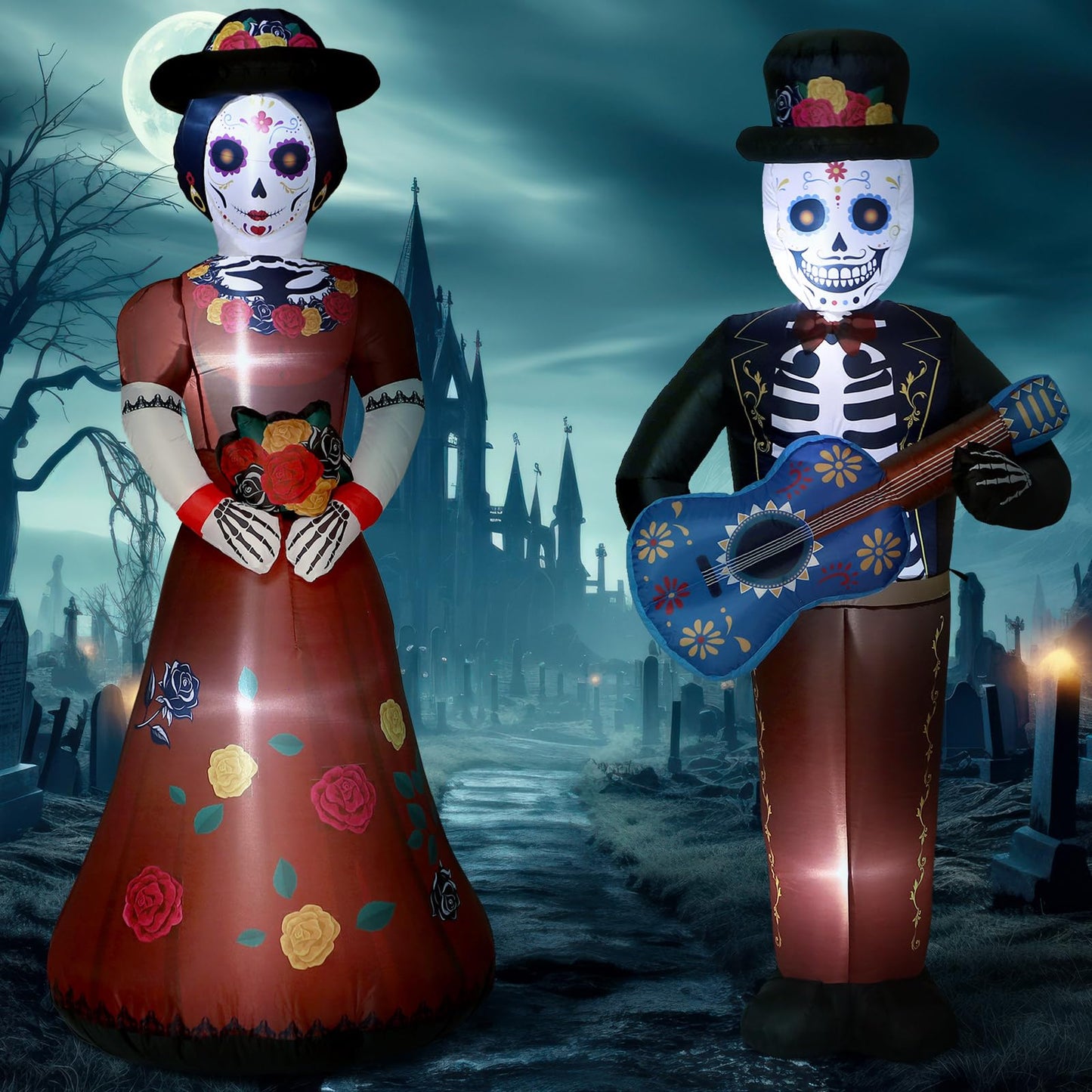 Fourluoo 2 Pcs 4.9 ft Dia De Los Muertos Inflatable Outdoor Decoration Day of The Dead Light up Blow up Sugar Skull Halloween Inflatable Couple Groom and Bride Yard Decoration for Garden Lawn Decor