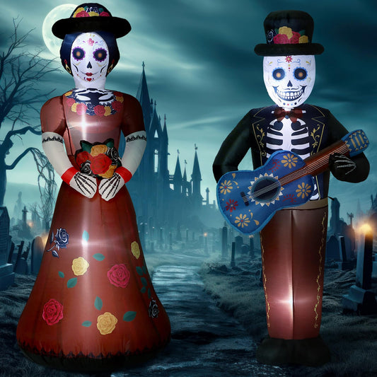 Fourluoo 2 Pcs 4.9 ft Dia De Los Muertos Inflatable Outdoor Decoration Day of The Dead Light up Blow up Sugar Skull Halloween Inflatable Couple Groom and Bride Yard Decoration for Garden Lawn Decor
