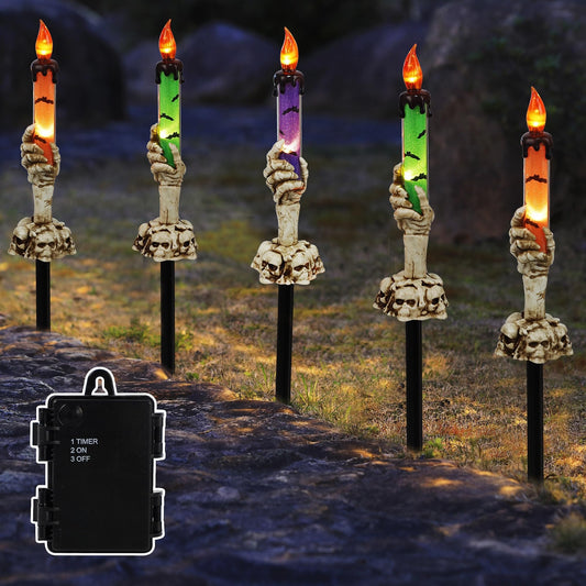 LJLNION Halloween Decorations, 5 Pack Tabletop Candle Lights with Skeleton Ghost Hand, Waterproof Lighted Yard Stakes, Battery Operated for Light Up Halloween Indoor/Outdoor Garden Decor