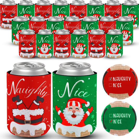 Remerry 24 Pcs Christmas Naughty or Nice Can Cooler Sleeves 12 oz Xmas Neoprene Can Sleeves Santa Pattern Cooler for Beverages Drinking Bottle Christmas Party Favor Decorations