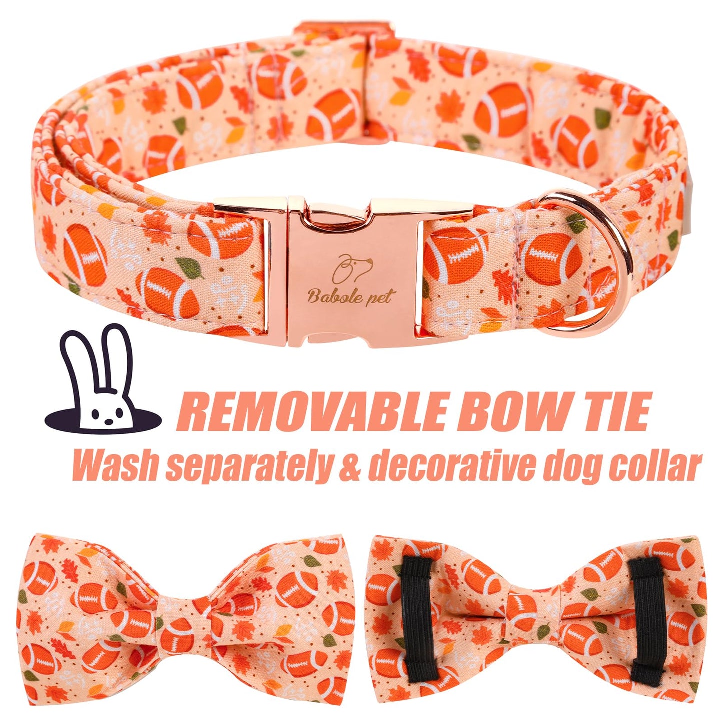Babole Pet Fall Football Dog Collar with Bow Tie - Cute Orange Fall Dog Collars, Adjustable Cotton Metal Buckle Bowtie Collar for Small Medium Large Boy Girl Dogs L