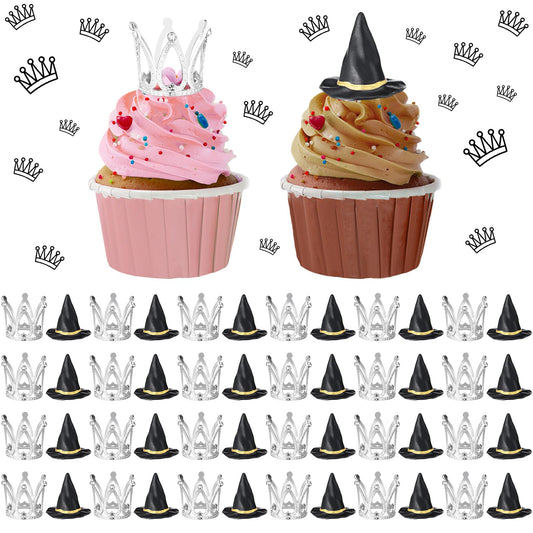 Cutecrop 48 Pack Witch Hat and Crown Cake Topper Bad Witch Birthday Party Decorations Mini Wizard Hats Silver Crown Cupcake Toppers Decor Princess Cake Accessories for Birthday Party Supplies Crafts