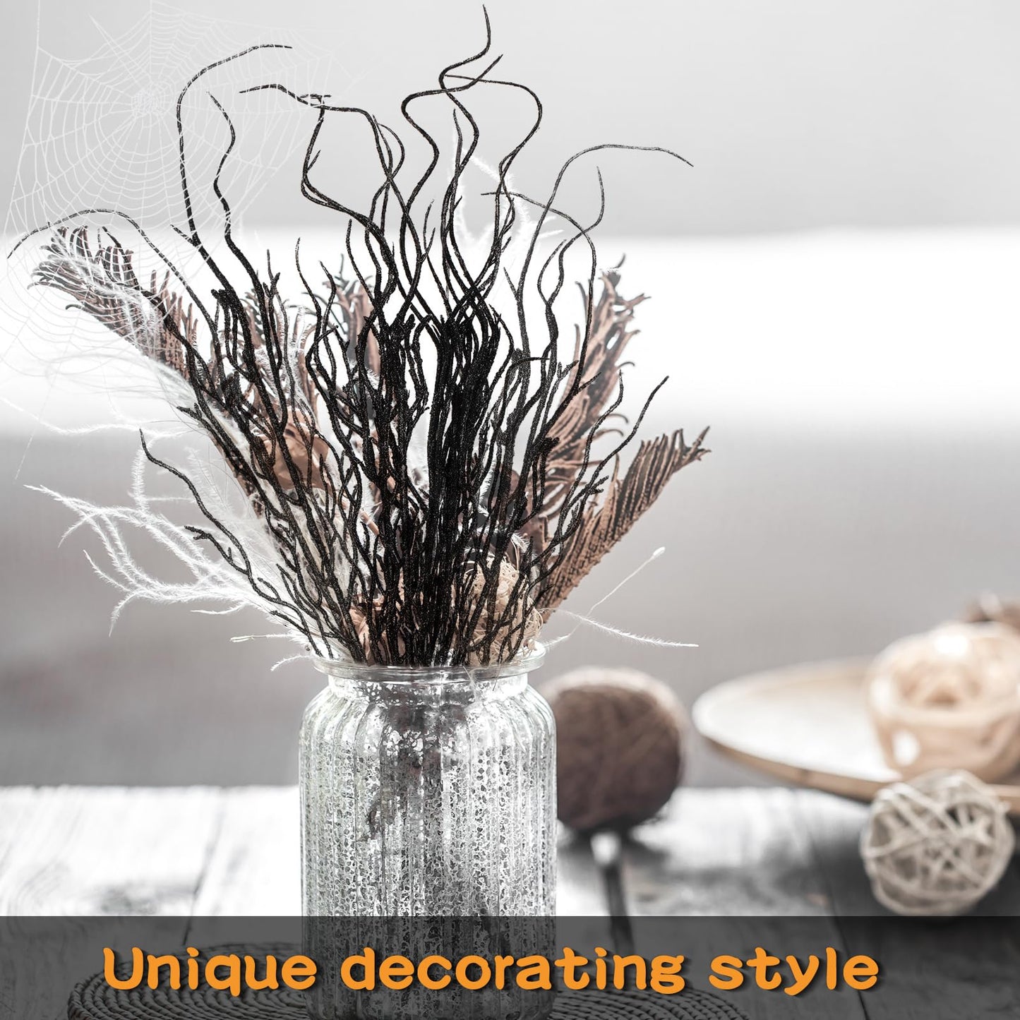Yunsailing 16 Pcs Curly Willow Branches for Tree Decor 18 Inch Glitter Bendable Artificial Picks Lifelike Twigs for Vases Faux Tree Stems for Home Party Decoration (Black)
