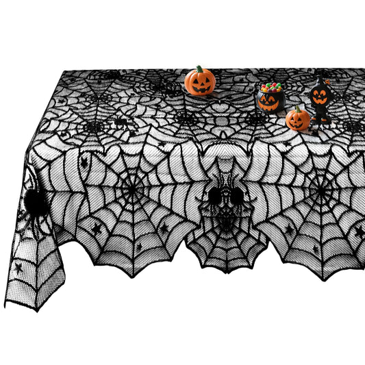 Halloween Table Cloth, Black Spider Web Lace Tablecloth for Rectangle Tables, Gothic Halloween Decor for Masquerade, Scary Movie Nights, Dinner Party Table Decorations 54 x 72 inch