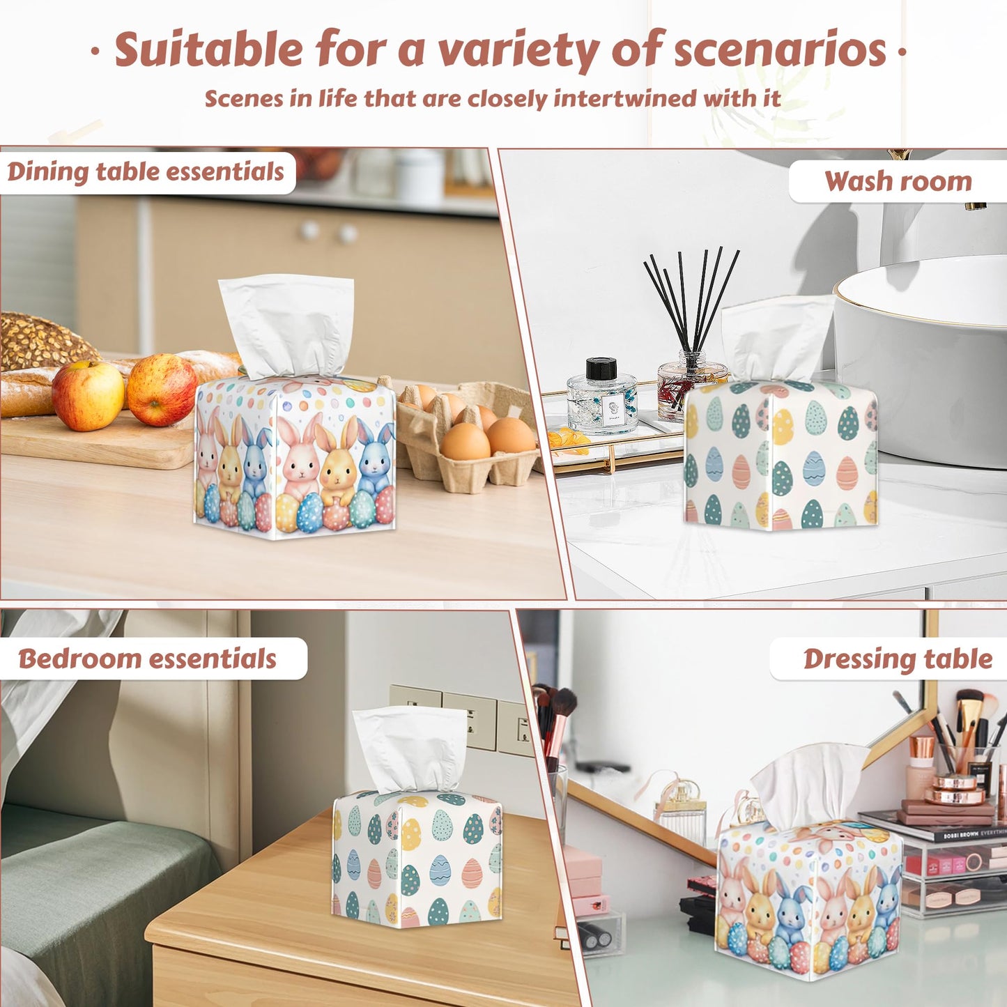 Easter Egg Bunny Tissue Box Holder, Leather Tissue Box Cover Square, Paper Facial Decorative Tissues Cover for Bathroom Home Car Nightstand Vanity Desk, 2 Pcs