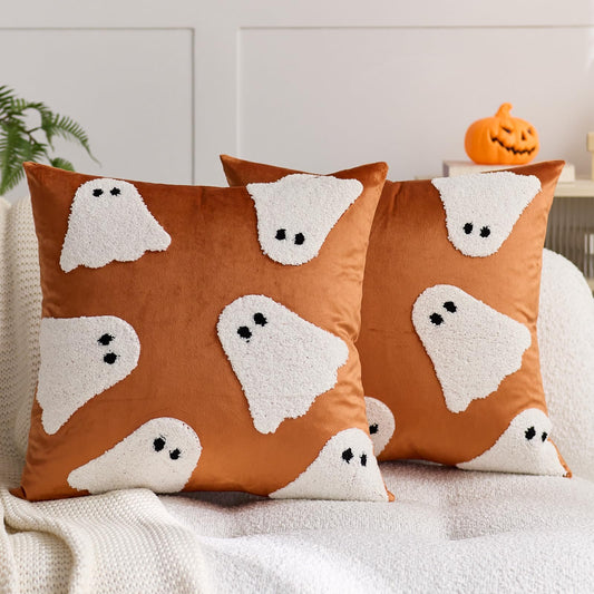 MAZSHTTD Halloween Pillow Covers 20x20 Inch Set of 2 Embroidery Ghost Throw Pillow Covers Indoor Outdoor Decorative Cushion Cases for Sofa Couch Bed Living Room Halloween Decoration Orange