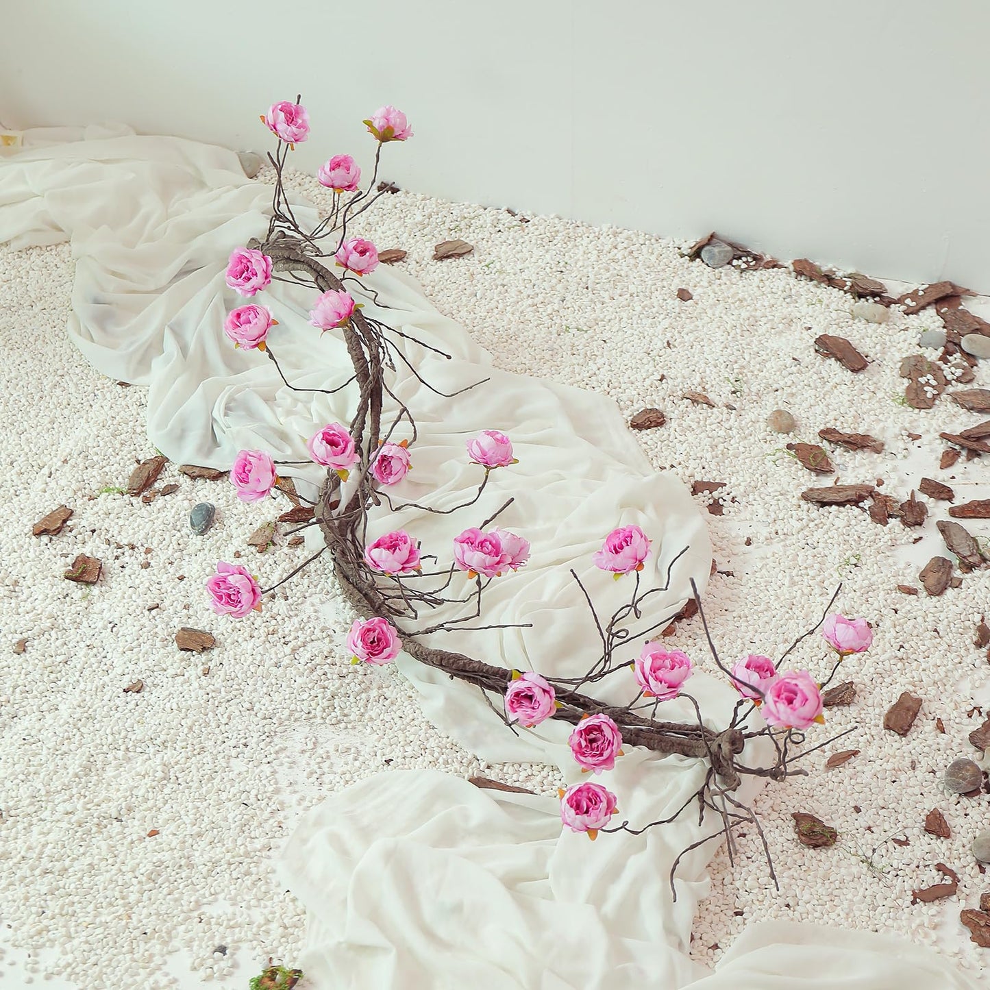1PCS 300cm/118inch Large Flexible Artificial Tree Fall Vines Twine Wood Branches with Peony Flowers Garland Twig Reptile Climbing Fake Plants for Wedding Arch Christmas Wall Door Hanging Decoration