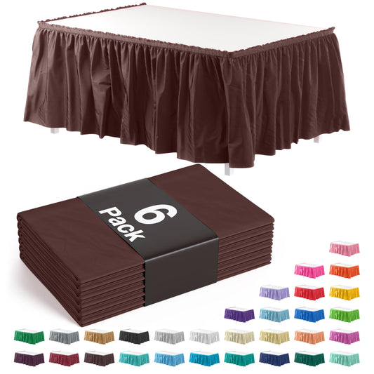 Exquisite Brown Table Skirt 6 Pack - Disposable Plastic Table Skirts for Rectangle Tables 6ft 8ft & Round Tables - 29in x 14ft Self-Adhesive Strip - Birthday Wedding Gender Reveal Decor