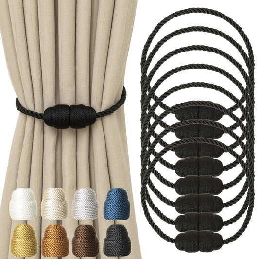 Contoeey Magnetic Curtain Tiebacks Rope Curtain Tie Backs for Curtains 8 Pack Curtain Holders for Drapes Decorative Window Curtain Holdbacks, Black