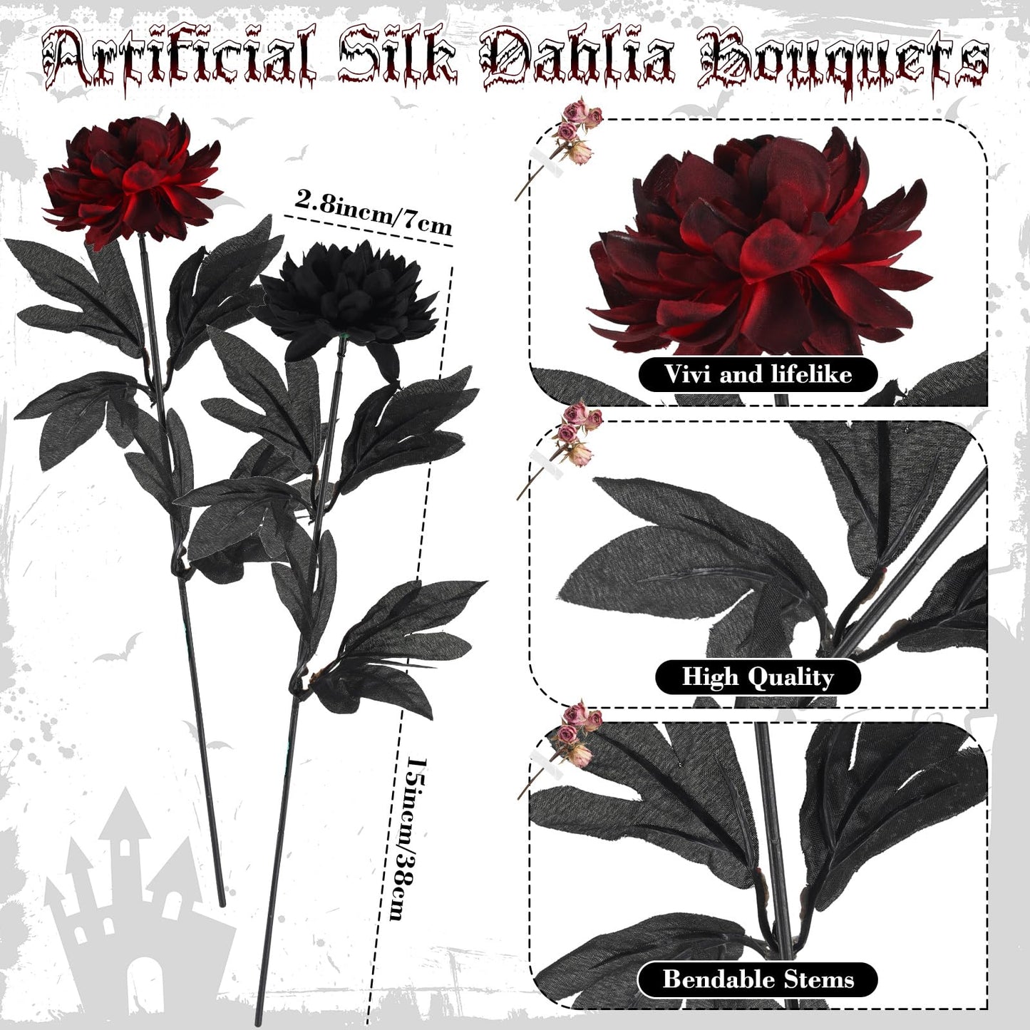 Tigeen 30 Pcs Black Burgundy Flowers Artificial Dahlias Gothic Flowers with Stems Faux Dahlia Long Stem for Wedding Halloween Bridal Bouquet Harvest Table Centerpieces Home Decor Floral Arrangements