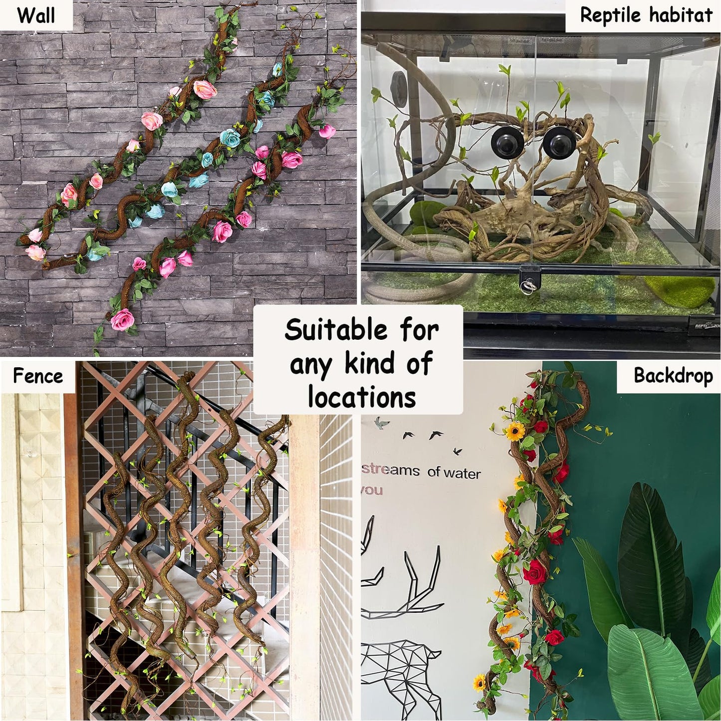 63in Bendable Thick Artificial Tree Branches Faux Wood Tree Trunk Twigs Grapevines Moss Plants Garland With Green Leaves For Wall Hanging Reptile Climbing Halloween Outdoor Arch Home Garden Decoration