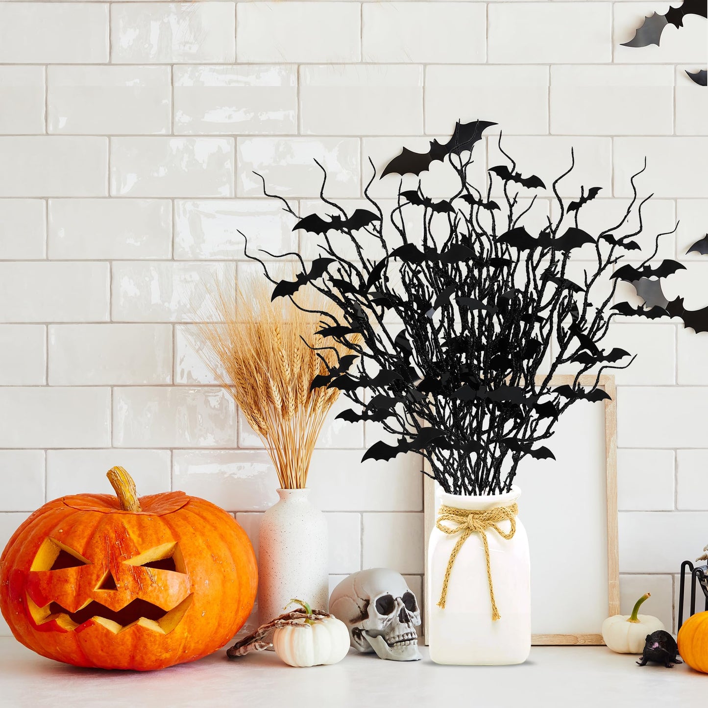 Sggvecsy 15 Pcs Artificial Halloween Glitter Stem with Black Bats Faux Picks Curly Willow Branches Decorative Glitter Sticks Twigs for Halloween DIY Crafts Festival Home Decoration