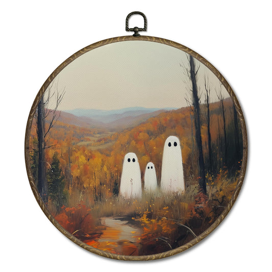 OINDADE Ghost Fall Round Wall Art Decor, Vintage Halloween Ghost Wall Art Hanging Decor, Fall Halloween WallArt, Rustic Farmhouse Forest Mountain Autumn Framed Canvas Artwork for Home Room, 10x10in