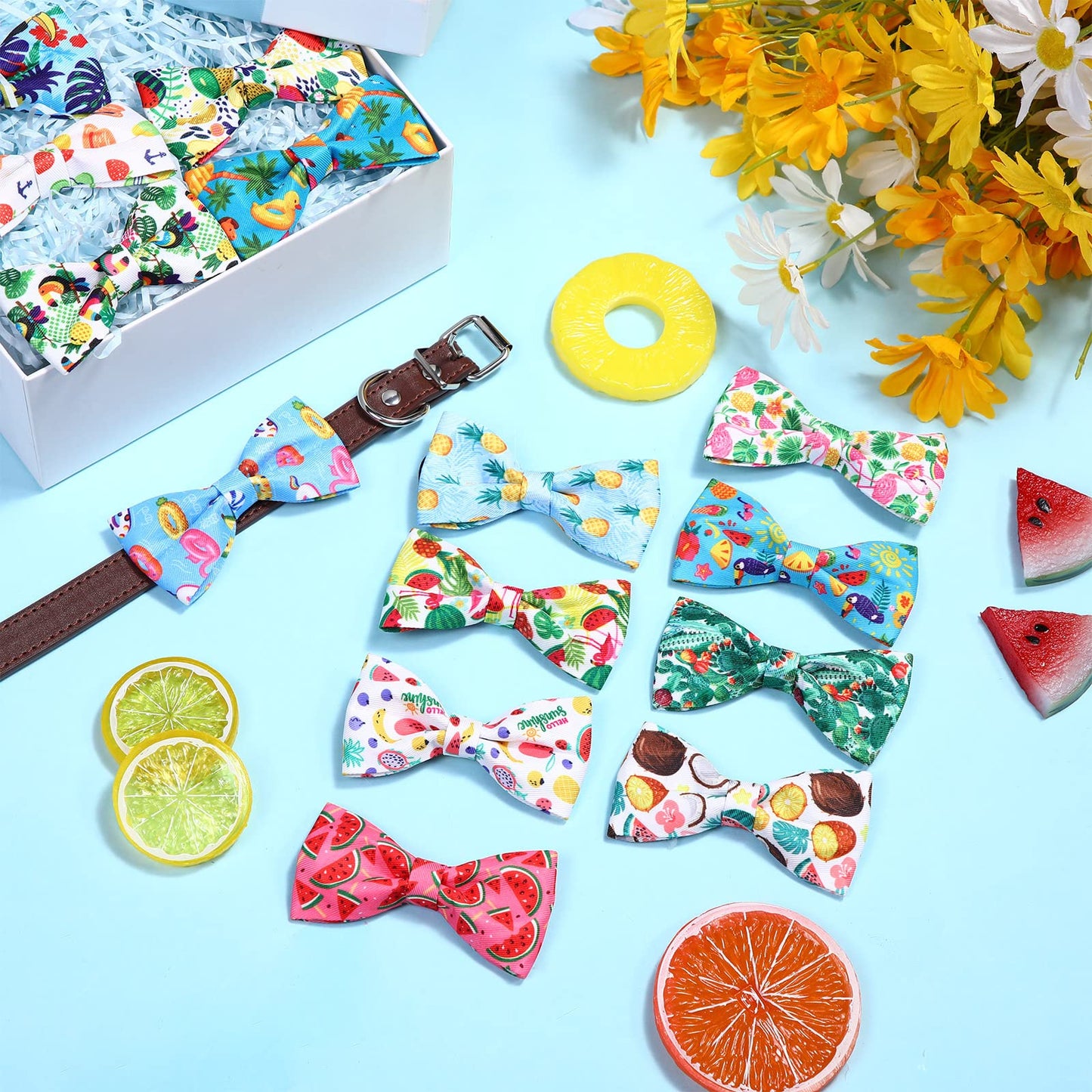 Sanwuta 60 Pcs Collar Dog Bow Ties Hawaiian Pet Bow Tie Dog Accessories Detachable Attachment Charms for Small Medium Large Dogs Cat Puppy Bows Grooming Supplies Hawaiian Costume(Summer)