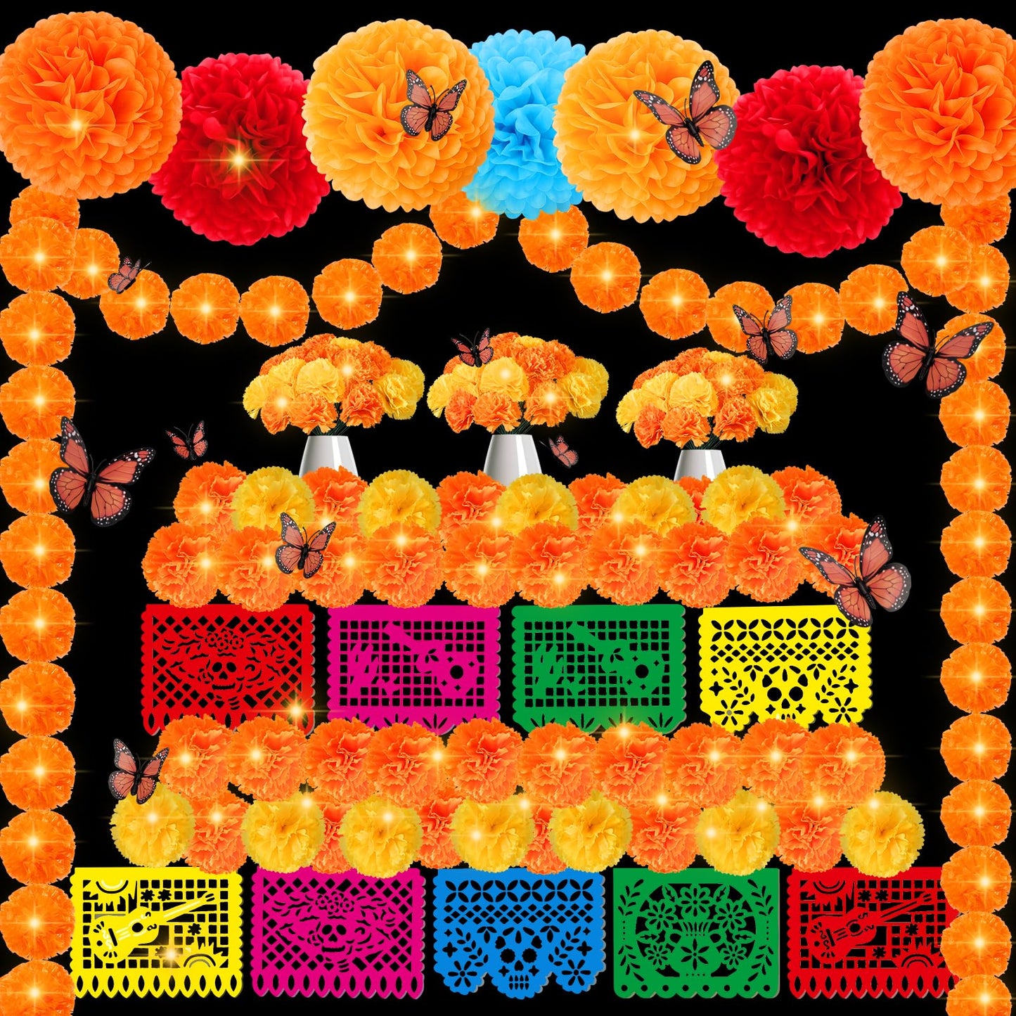 133Pcs Day of The Dead Decorations with 9 Mexican Banner Papel Picado,2 Lighted Artificial Marigold Garland,50 Marigold Flowers with 50 Stems,7 Paper Pom Poms,12 Butterfly for Dia De Los Muertos Decor