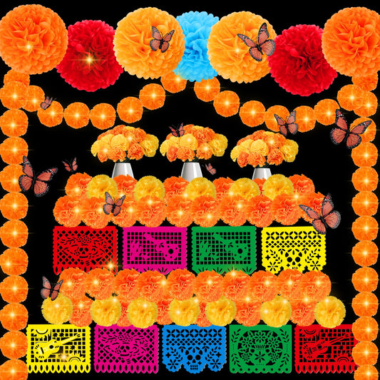 133Pcs Day of The Dead Decorations with 9 Mexican Banner Papel Picado,2 Lighted Artificial Marigold Garland,50 Marigold Flowers with 50 Stems,7 Paper Pom Poms,12 Butterfly for Dia De Los Muertos Decor