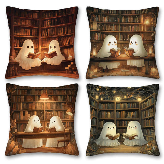 YucZiken Cute Ghost Reading Throw Pillow Covers 18x18 Set of 4 | Halloween Library Book Lover Cushion Cases for Couch Sofa | Spooky Cozy Decorative Square Pillowcases for Living Room Bedroom