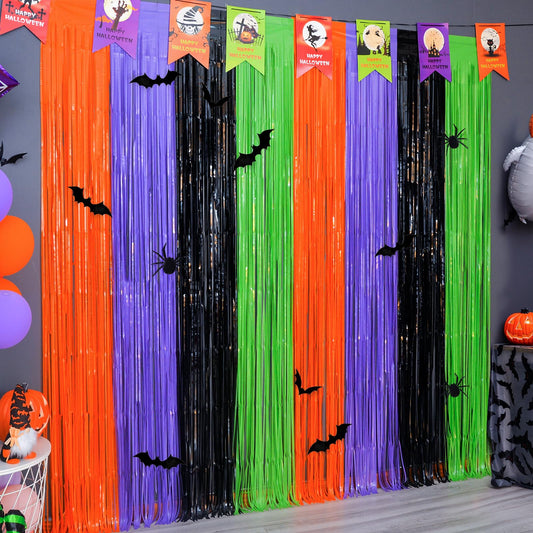 Mega-L Halloween Party Decorations, 2 Packs Orange Purple Black Green Photo Booth Props, 3.3 x 6.6 ft Halloween Foil Fringe Curtains with Bats, Photo Backdrop Streamers Halloween Party Supplies