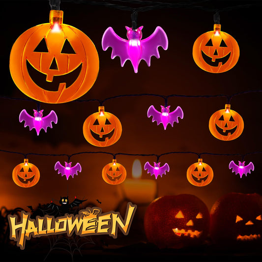 HAYATA Halloween String Lights - 70 LED 29.5Ft Pumkin & Bat Light with 30v Plug in - Extendable 8 Modes Fairy Timer Function Lighting Outdoor Garden Yard Home Halloween Party..