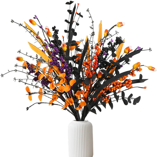 Sggvecsy 6 Pcs Artificial Halloween Stem with Berries Teeth Black Orange Leaves Faux Picks Decorative Twigs for Flower Arrangemant Table Centerpiece Halloween DIY Crafts Festival Home Decoration
