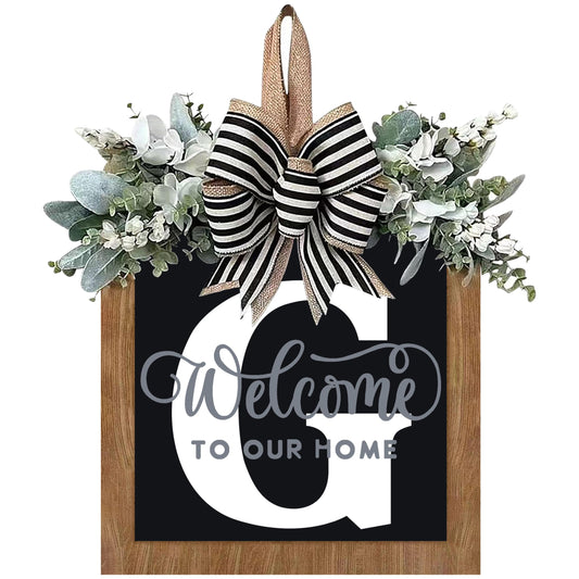 14’’ Last Name All Year Round Front Door Wreath, 26 Letter Welcome Sign Door Wreaths for Front Door, Farmhouse, Porch, Outdoor Decoration for Spring Summer Fall All Seasons Halloween Christmas(G)