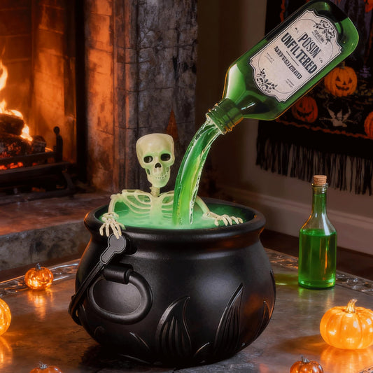 LONGDI Cauldron Halloween Decor with Magic Floating Potion Bottles and Diffuser,Witch Bucket, DIY Spooky Vintage Black Plastic Witches Candy Bowl for Halloween Table (+Skeleton props)