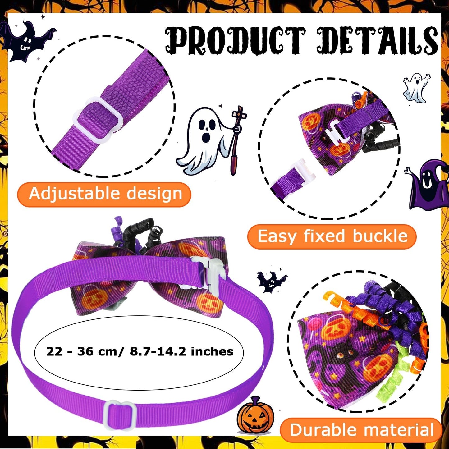 Huhumy 50 Pcs Halloween Dog Bow Ties Halloween Dog Collars Bulk Pet Collar Neckties Accessories for Small Medium Pet Cat Outfit Cosplay Party Supplies