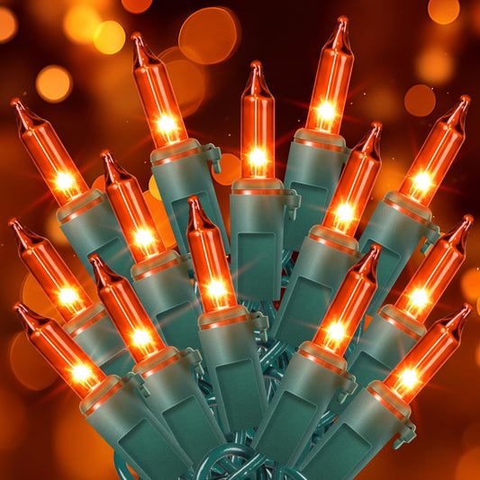 woohaha Outdoor Halloween Lights, 2PACK 13ft 50 Count Incandescent Blubs & Green Wire Mini Lights, 120 V High-Voltage Connectable Light String, for Indoor Patio Garden Tree Party Decoration, Orange