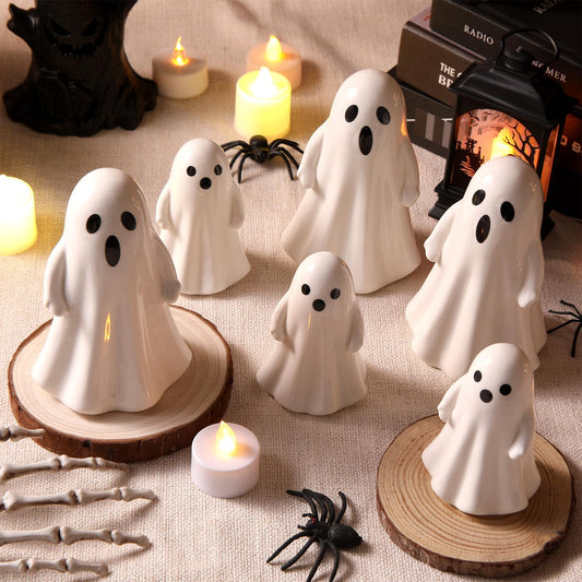 Leinuosen 6 Pcs Halloween Ghost Figurines 3 Large (5.12") & 3 Small (3.54") White Ceramic Ghost Decor Cute Ceramic Halloween Ornaments for Tabletop, Mantel, Tiered Tray & Shelf Decor