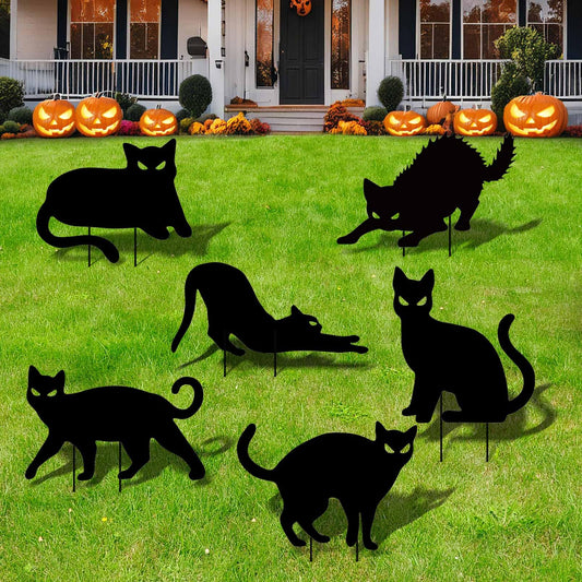 6 Piece Halloween Black Cat Yard Signs with Stakes 6 Assorted Designs 15 x 12 Inches Large Scary Cat Signs Silhouette for Outdoor Garden, Lawn, Patio, and Spooky Outdoor Decorations