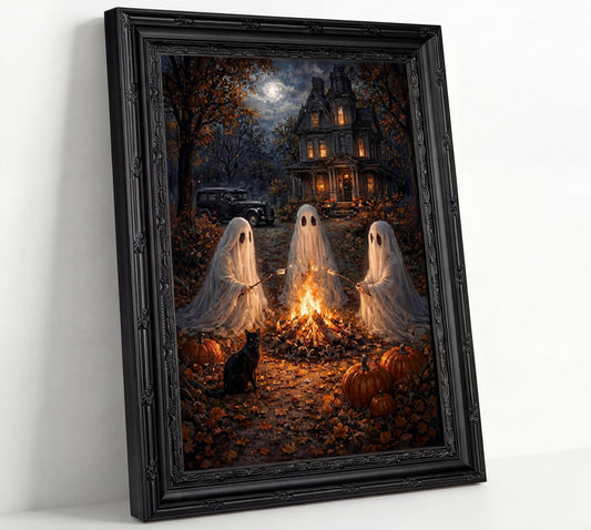 Black Framed Vintage Halloween Ghost Canvas Wall Art Spooky Campfire Ghost Black Cat Wall Decor Picture Gothic Haunted House Forest Poster Print for Living Room Bedroom Home Decorate