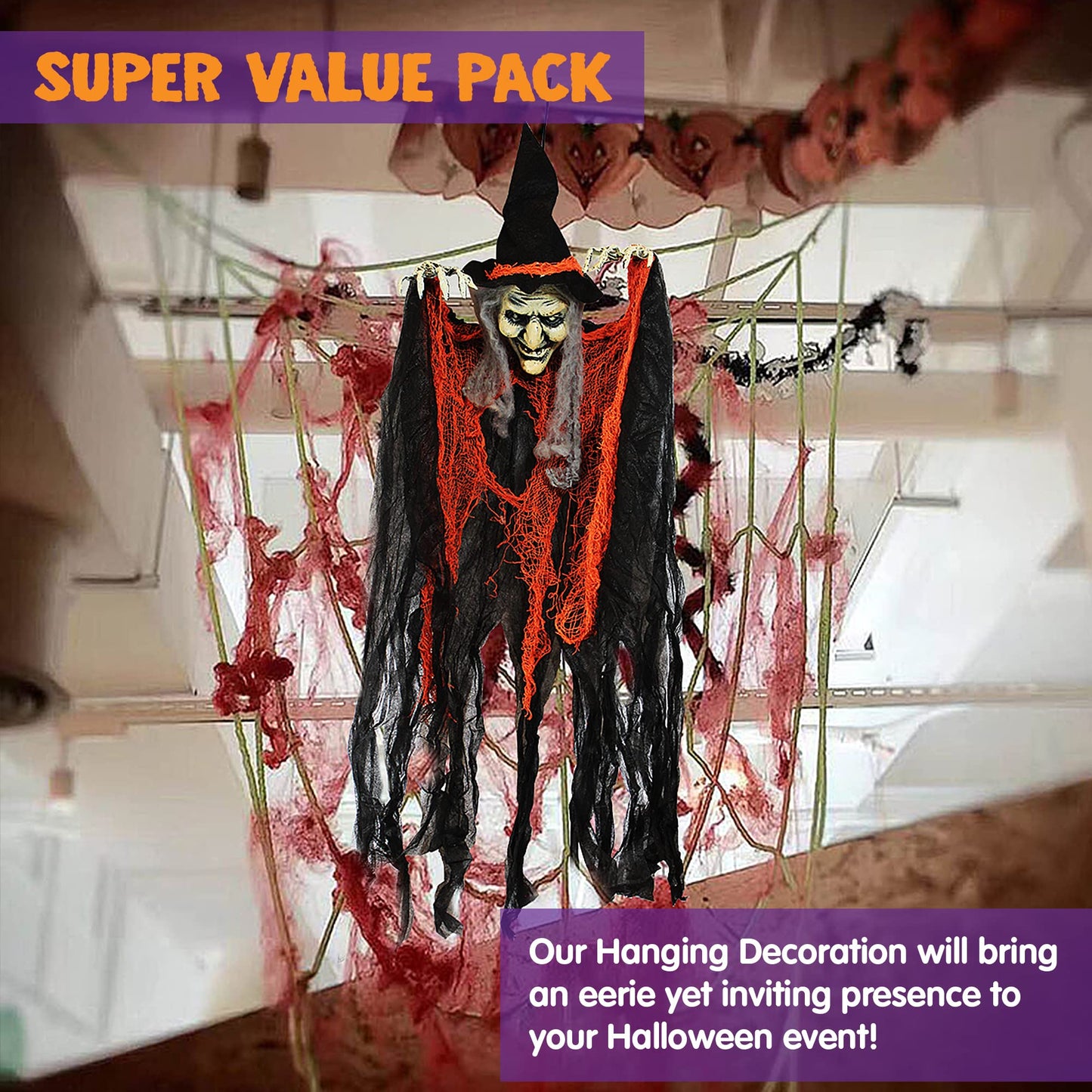 JOYIN 3 Pack 35” Hanging Ghosts Witch Pumpkin Decor Hanging Halloween Decorations Outdoor Halloween Decor, Scary Flying Witch Grim Reapers Haunted House Front Porch Decor Yard Garden Lawn Party