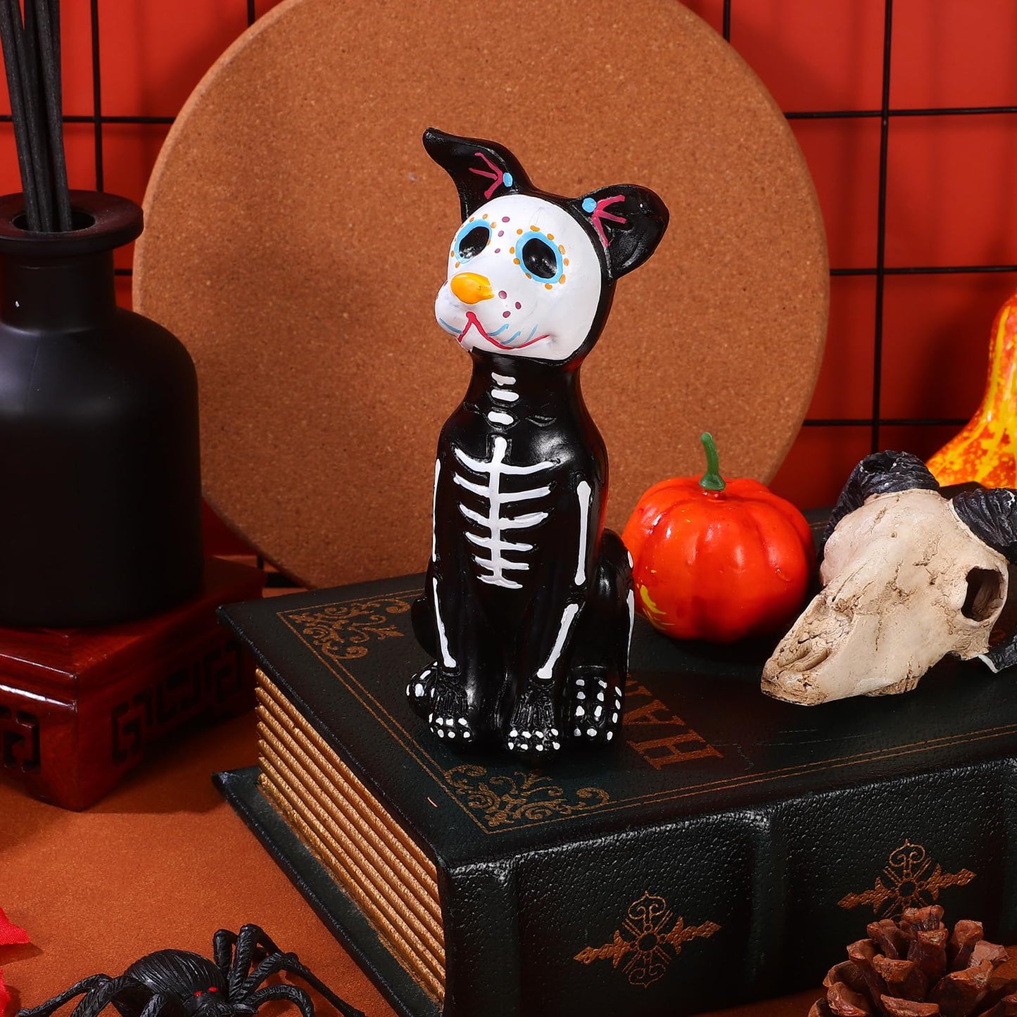 TOYANDONA Day of The Dead Dog and Cat Figurine, Halloween Statue Sugar Skulls Animal Statue Resin Crafts Skeleton Sculpture for Halloween Home Desk Decorations (Day of The Dead Dog)