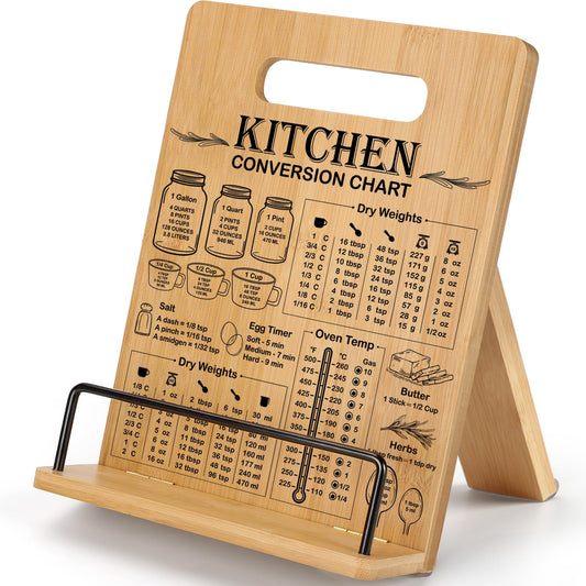 Bamboo Cookbook Stand for Kitchen Counter, Recipe Book Holder with Measurement Conversion Chart, Adjustable Cookbook Holder, Essential Accessories Women Gifts for Birthday Christmas