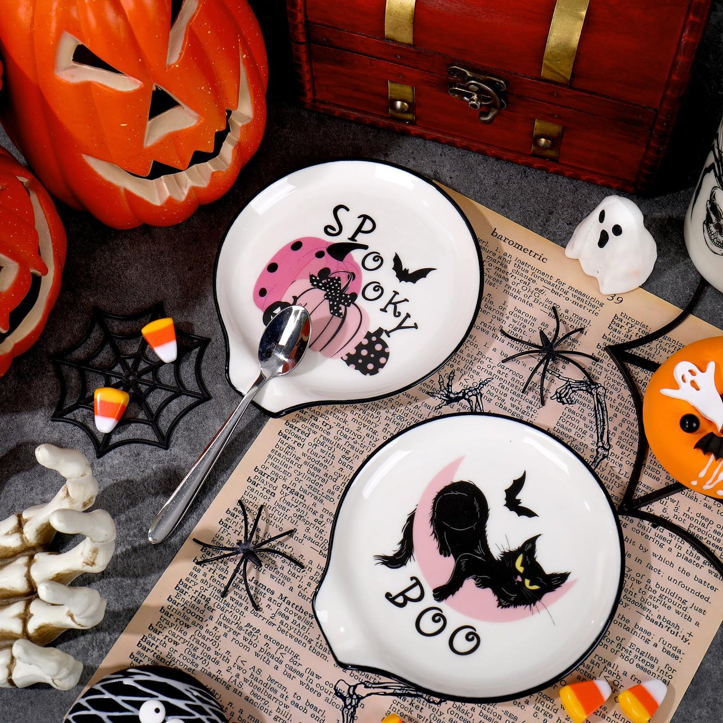 Whaline 2Pcs 4.7inch Halloween Ceramic Spoon Rest Pink Pumpkin Black Cat Small Coffee Spoon Holder for Home Coffee Station Bar Accessories