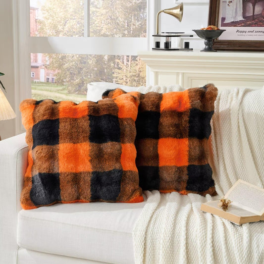 Animebody Set of 2 Faux Fur Cozy Throw Pillow Covers Halloween Decorations Throw Pillows Cushion Pillowcase for Sofa Couch,Orange-Black Grid Print 24 x 24 Inch