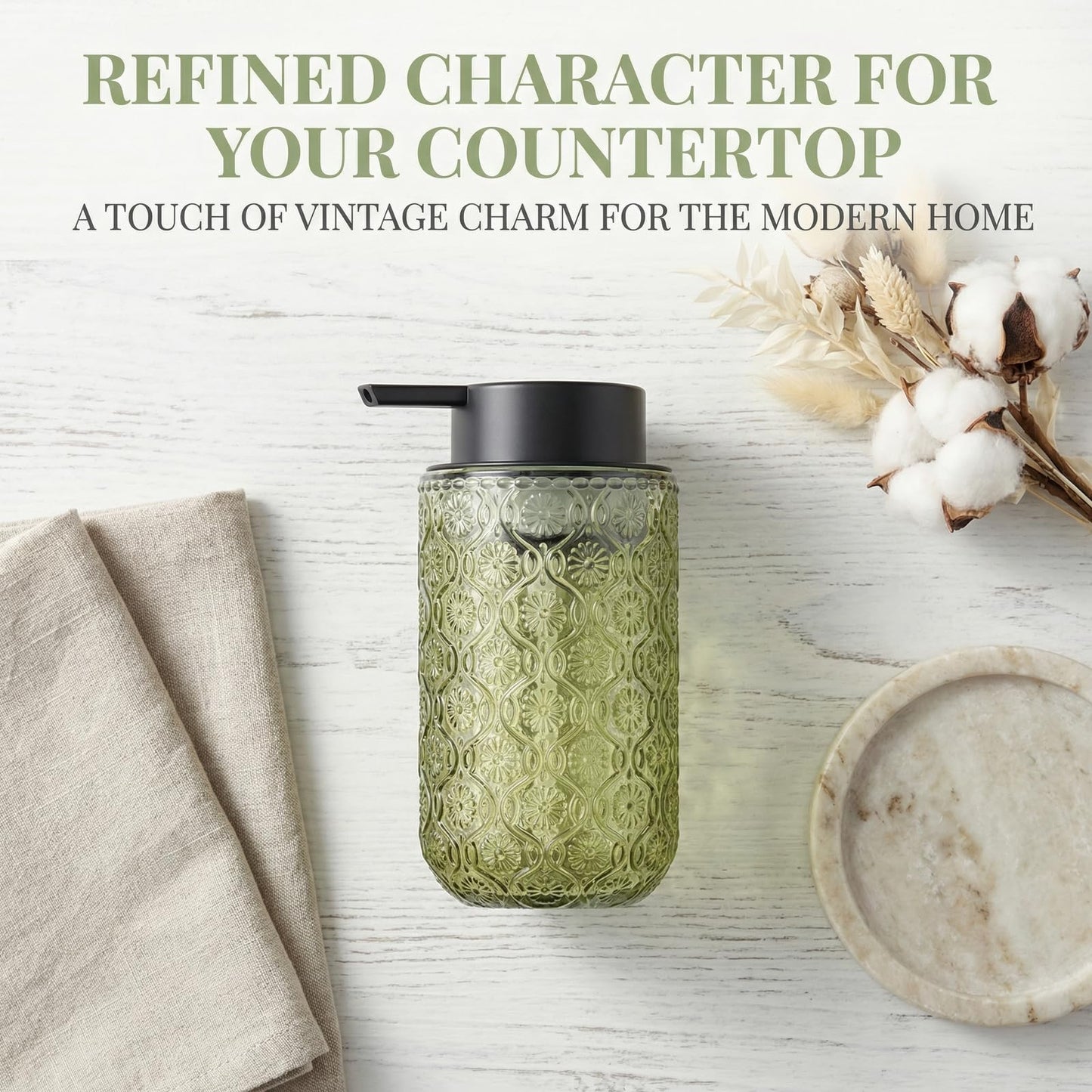 zuxzmj Green Glass Foaming Hand Soap Dispenser with Matte Black Pump Thick Embossed Bottle Refillable for Bathroom and Kitchen Decor 13.5 oz