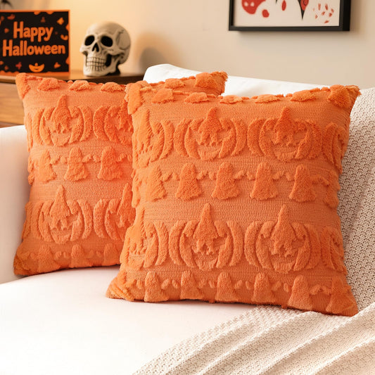 Artscope Halloween Pillow Covers 18 x 18 Set of 2 Decorative Ghost Holiday Pumpkin Throw Pillow Cases Soft Plush Faux Fur Couch Cushion Case for Farmhouse Halloween Sofa Bed Room Home Decor-Orange