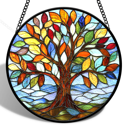Stained Glass Window Hanging Decor, 8 Inch Vintage Tree of Life Sun Catcher Ornament, Colorful Plant Suncatcher for Window, Stained Glass Hanging Decor for Mother Dad Grandparent