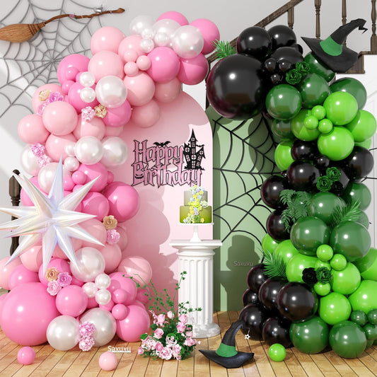 Green and Pink Balloon Arch Kit, 120 PCS Witch Themed Balloon Garland, Dark Green Pastel Pink Pearl White Party Balloons with Pearl Colorful Star Balloons for Witch Themed Birthday Party Decoration