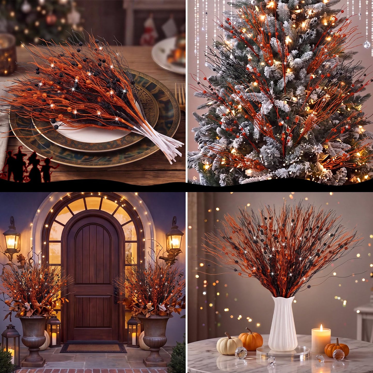 Giegxin 32 Pack Halloween Black Orange Artificial Glitter Berry Stem, 17 Inches Fall Thanksgiving Floral Picks Branches for Halloween Autumn Holiday Vase Filler Home Table Centerpieces DIY Decoration