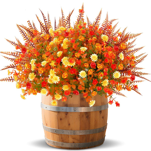 TURNMEON 12 Bundles Artificial Fall Flowers for Outdoors Fall Decorations, UV Resistant Fake Mums Faux Fall Plants Plastic Orange Boston Fern Eucalyptus Home Garden Porch Autumn Thanksgiving Decor