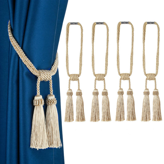 Fenghuangwu Magnetic Curtain Tiebacks 4Pack Tassel Curtain Tieback Modern Handmade Tie Backs,Decorative Tassel Holdback for Draperies,Window Decor(Beige)