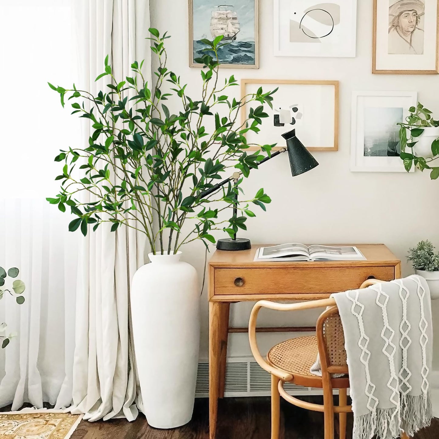 Krissing 4Pcs Artificial Greenery Stems, Tall Fake Ficus Twig Branches Plants Faux Greenery Stems Branches for Vase Fillers Home Office Wedding Spring Table Decor