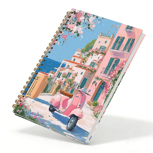 sdfkmlcdl Pink Amalfi Coast Beach Spiral Notebook, Italy Mediterranean Coastal Journal for Women, Traveler Gifts, Romantic Italian Summer Landscape Hardcover Journal, 5.5x8.3