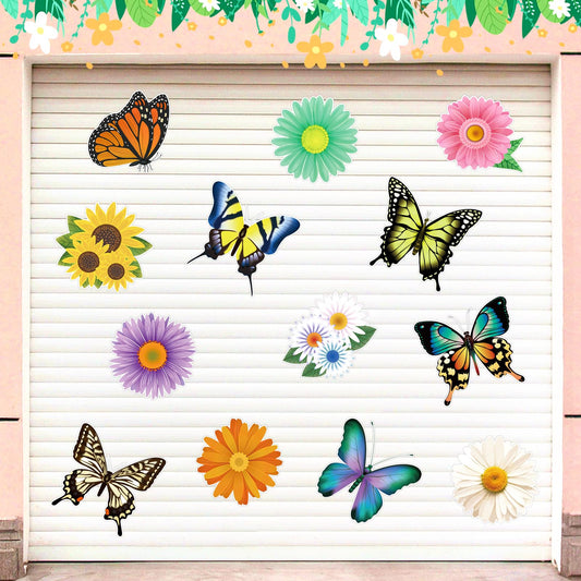 MAXDUCK Spring Garage Door Decorations, 13 Pcs Cute Flower Butterfly Car Magnets Decorative Seasonal Flower Magnetic Decals Cutouts for Spring Summer Garage Door Car Fridge Decor Outdoor