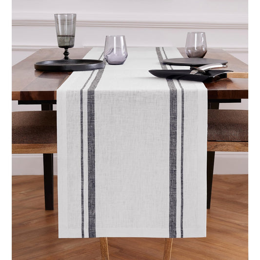 Solino Home Linen Table Runner 72 Inches Long - 100% Pure Linen Black and White French Stripe Table Runner 16 x 72 Inch for Dining, Dresser, Summer