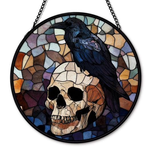 Hxlac Black Raven Halloween Suncatcher Stained Glass Window Hanging, Gothic Skull Black Crow Sun Catchers Indoor Window Glass Round Wall Decor, Halloween Raven Wall Art Hanging Decorations, ＂7.8x7.8＂